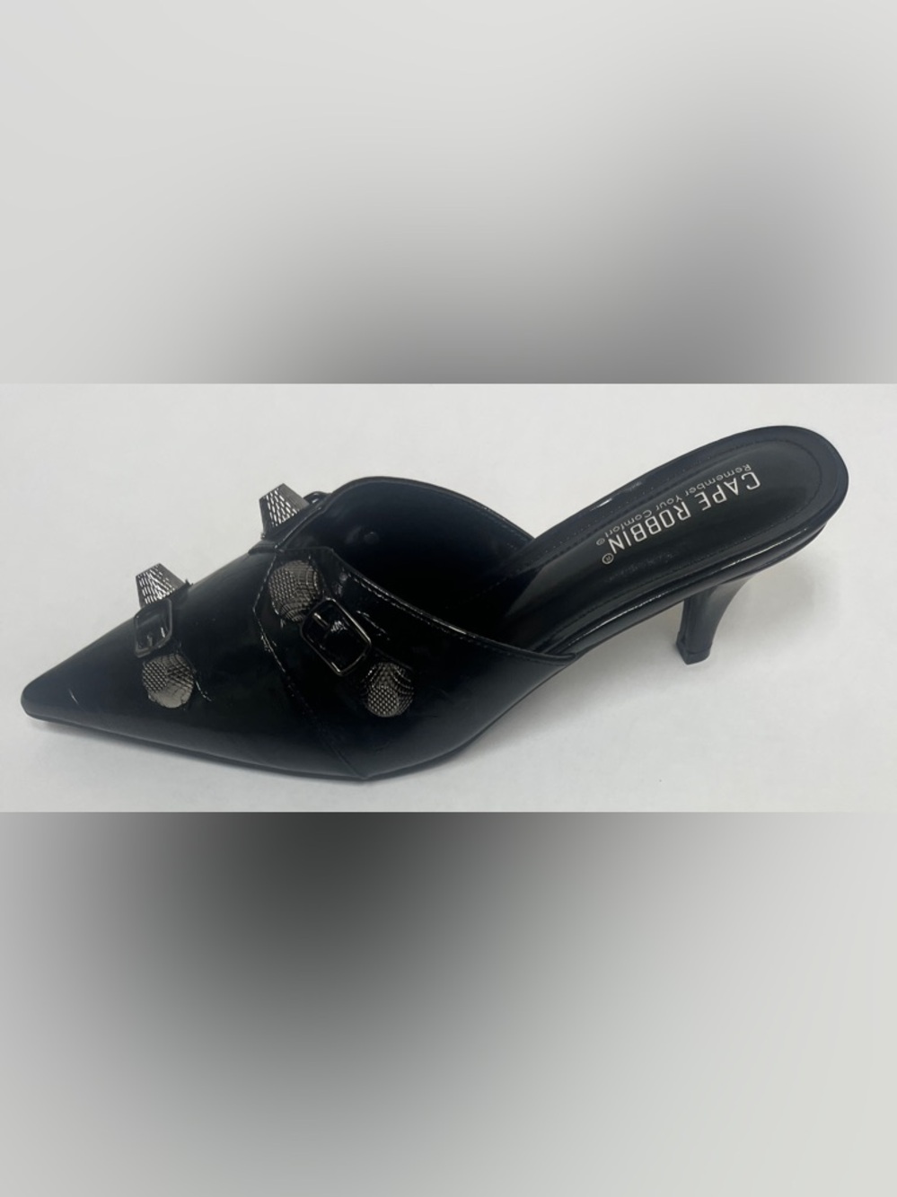 Cape Robbin Black Patent Mule with Silver-Tone Buckles